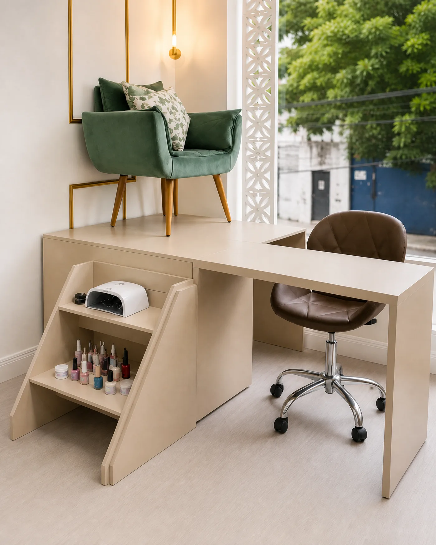 Detalhe dos nichos organizadores e da escadinha da Mesa Manicure Elegance Pro