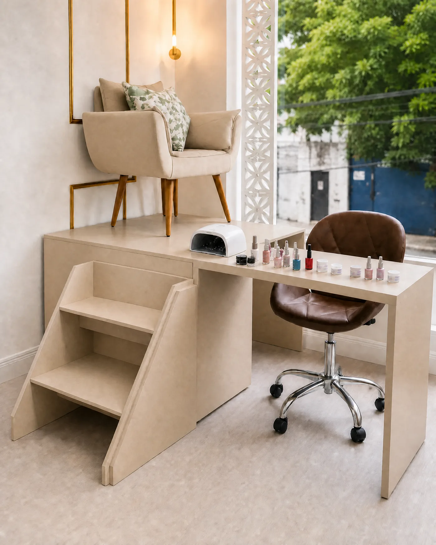Mesa Manicure Elegance Pro na cor bege, montada em ambiente de salão